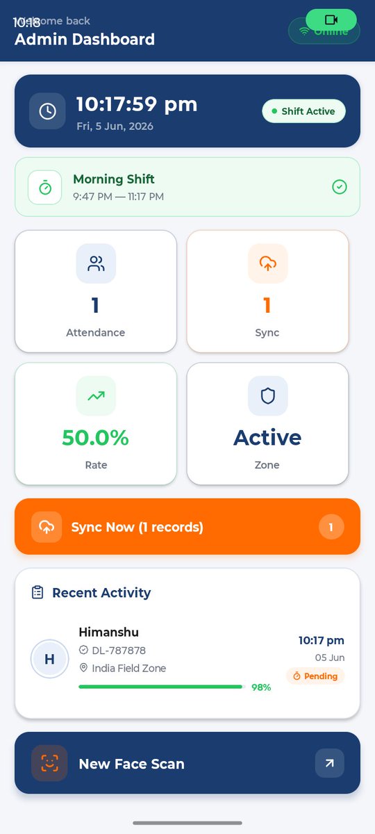 himanshuu015's tweet photo. Built DRISHTI for the NHAI Hackathon 🚀
An offline-first facial authentication system featuring liveness detection, GPS validation, offline attendance storage, fraud prevention, and automatic AWS synchronization when connectivity is restored.
@NHAI_Official @Mansi__Bhandari
#NHAI https://t.co/hjy0nkgz47