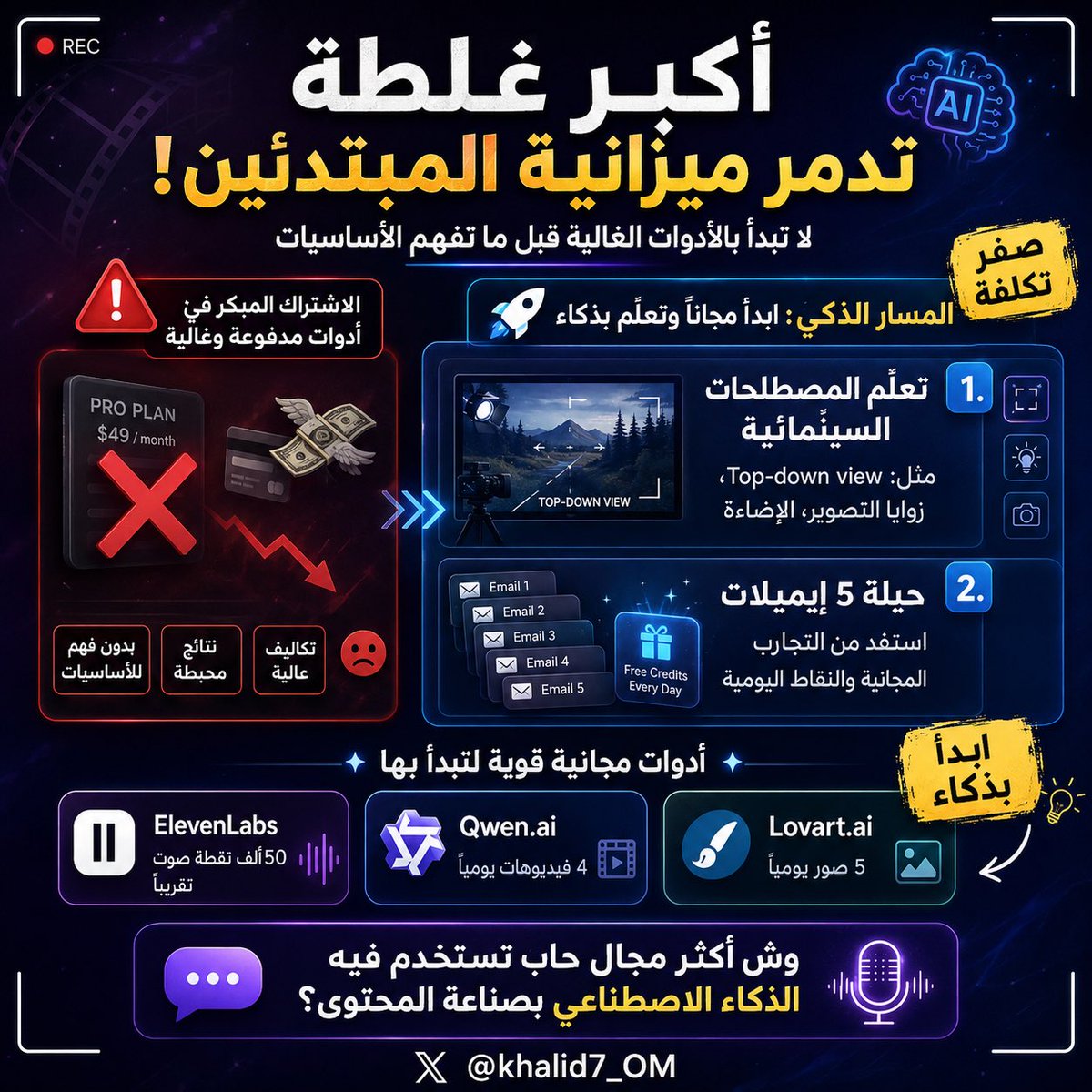 khalid7_OM's tweet photo. مستحيل تبدأ في صناعة المحتوى بالذكاء الاصطناعي وتنجح إذا طحت في هالغلطة! ❌

أكبر خطأ يدمر ميزانية المبتدئين هو الاشتراك في أدوات مدفوعة وغالية (مثل Higgsfield وغيرها) وأنت لازلت في البداية.

إذا تبي الحل المجاني والذكي، تابع هالثنائية 👇 https://t.co/aQSHRRzVy6