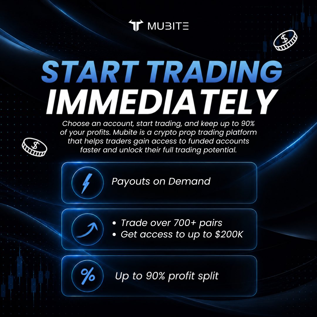 MUBITE_COM's tweet photo. What if you didn’t have to wait weeks to start?

With Mubite’s Instant Funding, you can skip the traditional evaluation process and get straight to what matters most 👉🏼 trading.

⚡ Payouts on Demand
📈 Up to $200K in Funding Capital
💰 Up to 90% Profit Split
🚀 700+ Crypto Pairs

Built for traders who are ready to move forward.

https://t.co/rzoQX3OwqM