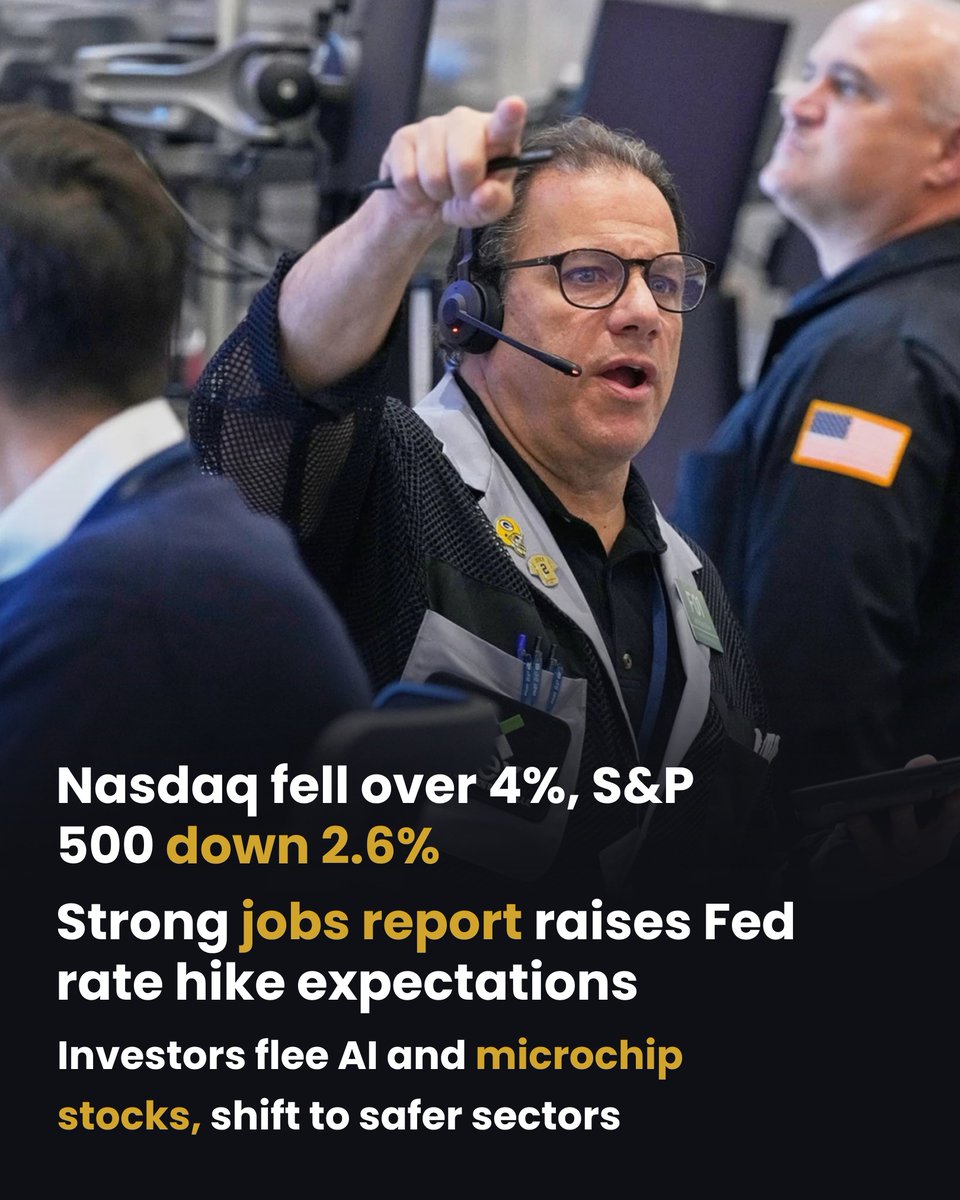predict_365's tweet photo. US stocks plunged as fears over overvalued Big Tech collided with a strong jobs report, boosting expectations for sustained high interest rates. Will tech recover or will risk-off sentiment continue? Predict the next market move.

#predict365 #stocks #nasdaq #federalreserve #bigtech
