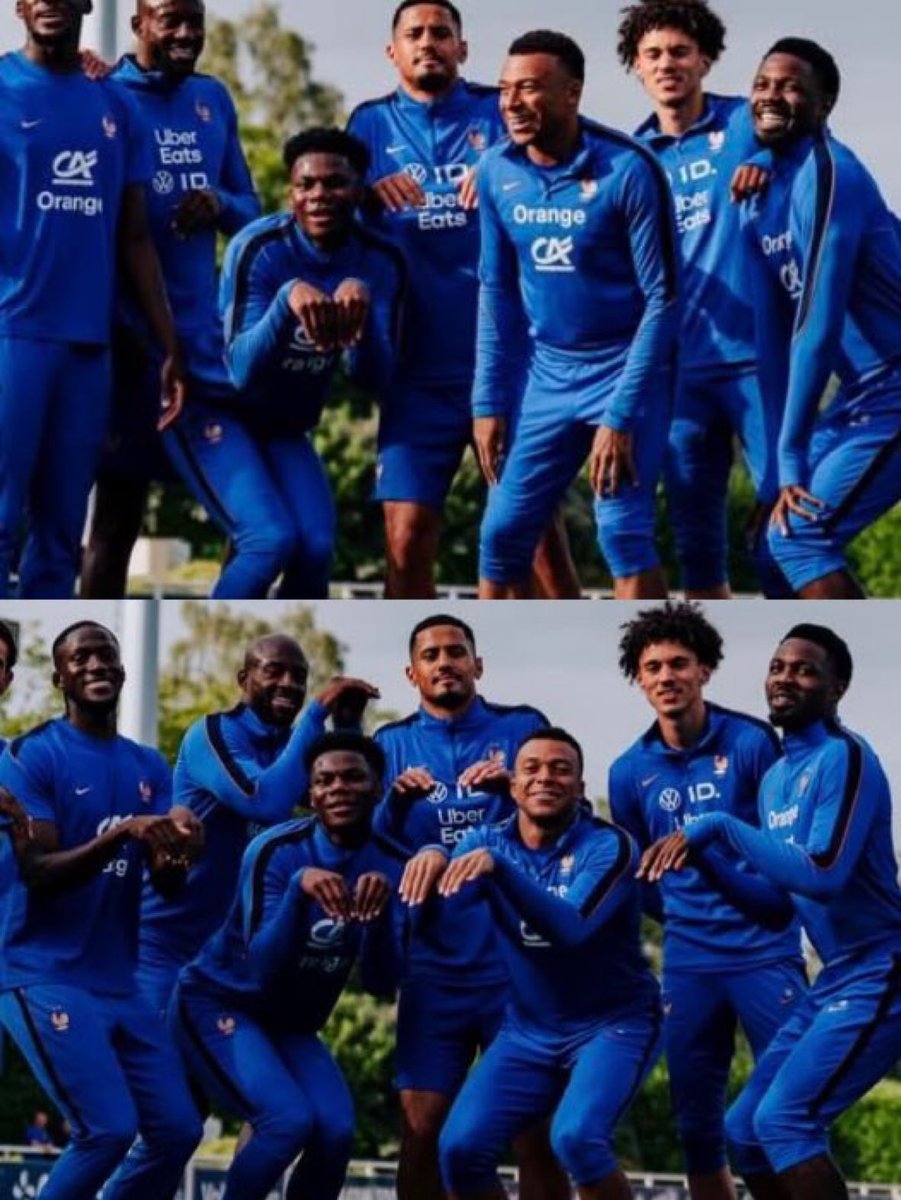MadridXtra's tweet photo. The France team copying Cherki’s pose. 😂💙 https://t.co/FLKTZ3C094