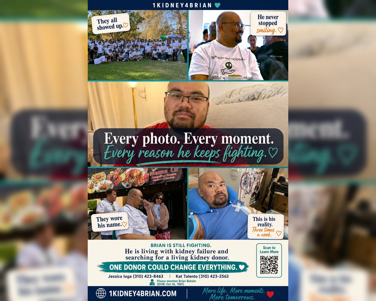 1kidney4brian's tweet photo. Every photo is a reason he keeps fighting. 🤍

The joy. The dialysis chair. The community. The quiet smile at home.

One donor could give him more.

📞 (310) 423-8463
📞 (310) 423-2563
🌐 https://t.co/K5GIRqnSG4

#1Kidney4Brian #DonateLife #KidneyDonor https://t.co/x7m6Yeg057