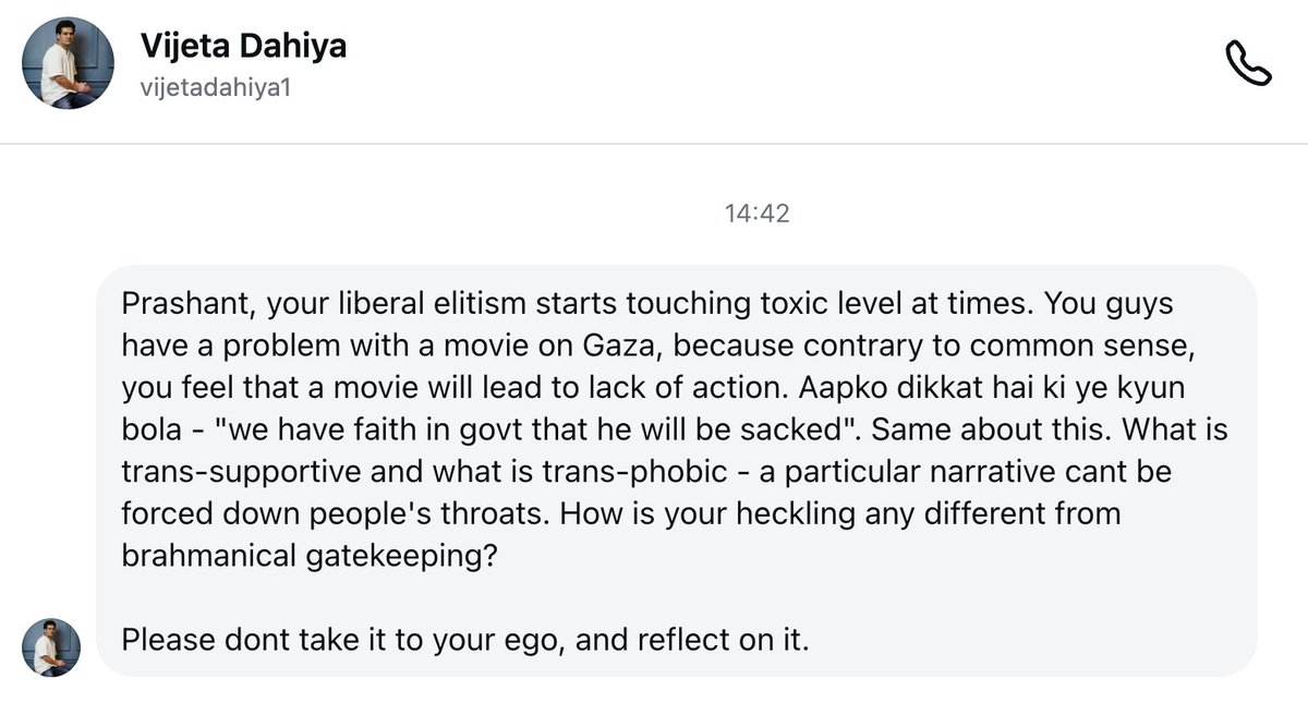 kafkasbluebug's tweet photo. kind sir, you still haven't answered my question: why are you transphobic?

instead, you've spent all this time talking about elitism, liberalism, narratives, and shared struggles while completely avoiding the actual issue. now listen, trans people are not a "narrative". people who live in their little bubble have absolutely no idea what trans people go through in this country: family rejection, homelessness, unemployment, violence, harassment, humiliation, and routine dehumanisation. and then someone like you comes along and reduces their lives to a "narrative" or a circus created by rich people.

by the way, how exactly does @Cockroachisback's Janta Party defend this? because its spokesperson still hasn't answered a very simple question.

and if you genuinely don't have an answer, that's okay. read more. listen to trans people. educate yourself.

calling me elitist for asking you a simple question is not an argument. it certainly isn't heckling. but it is people with views like yours who have helped push queer and trans people to the margins of society in the first place. you still have no answer beyond dismissing their lives as a narrative.

so i'll ask one last time: why are you transphobic?
