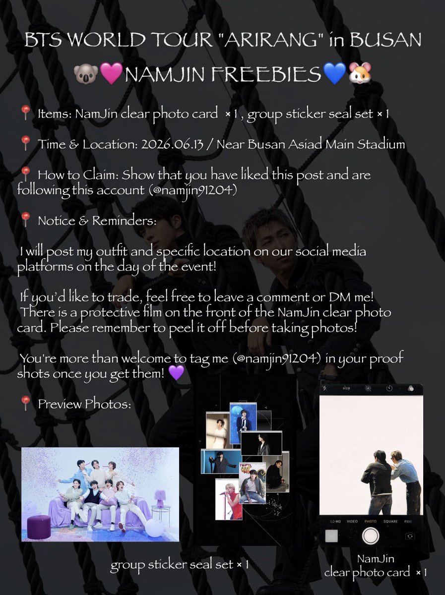 namjin91204's tweet photo. BTS WORLD TOUR "ARIRANG" IN BUSAN
🐨🩷NamJin FREEBIES 💙🐹

Hi everyone! This is @namjin91204
The 613 anniversary is almost here!!
I’ve prepared 50 sets of NamJin freebies this time, and I hope you all will like them! (´▽`ʃƪ)♡

（1/3） https://t.co/f7vvkv8fxH