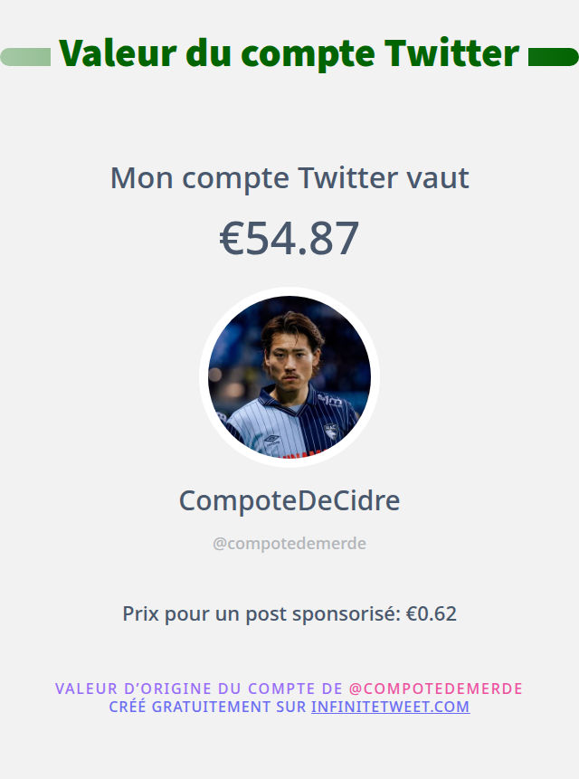 compotedemerde's tweet photo. Mon twitter vaut: €54.87

➡️ https://t.co/Fh6uildPFY https://t.co/R5OnPcnXHY