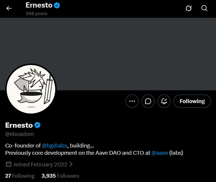 burakdoteth's tweet photo. Look at the bios: BGD Labs and Ernesto both read "building..." now. They're not hiding it. https://t.co/bPUkfmIU1Z