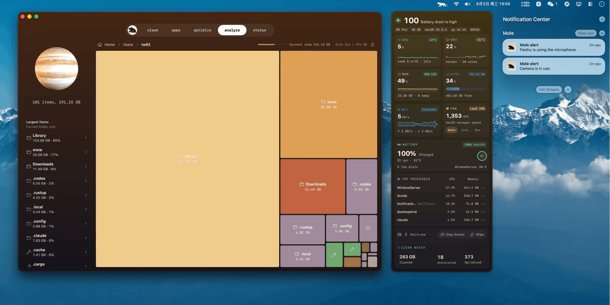 AlternativeTo's tweet photo. ⚡Mole by @HiTw93, the free and open source system cleaner tool for Mac, has launched its 1.6.2 update, introducing privacy alerts, menu bar controls to keep the screen on, expanded update checks, and fixes for several key bugs https://t.co/QwlgtosOiX https://t.co/zVBoNKokod