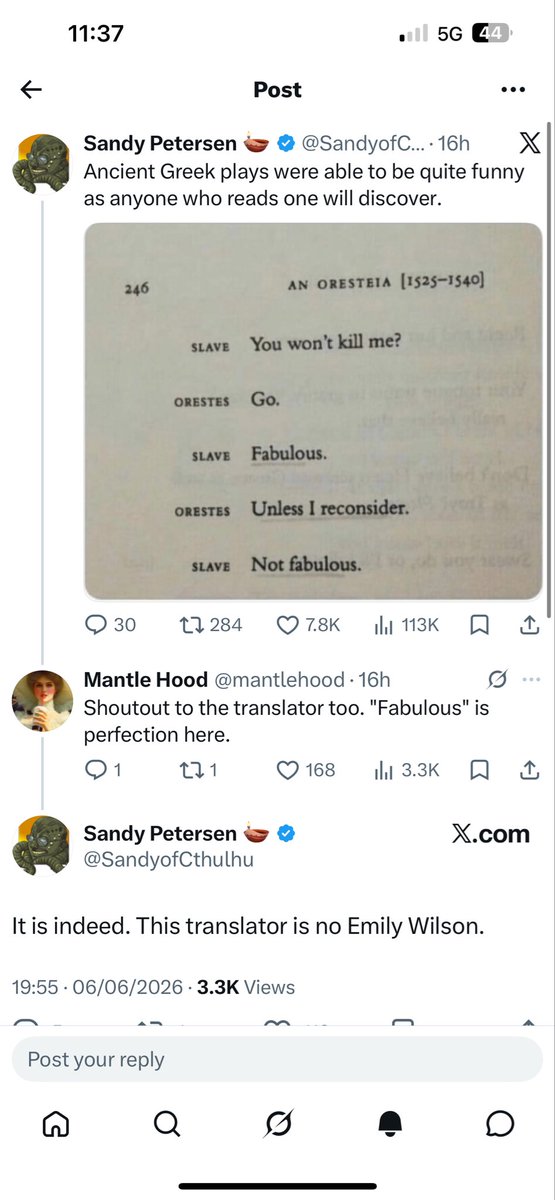 roryisconfused's tweet photo. The sorts that’re all in a huff about Emily Wilson are happy to praise Anne Carson’s translations, which are just as tonally informalised/irreverent/modern/every other quality of Wilson’s that they despise, simply because no one’s instructed them to hate her yet. https://t.co/CfxdHcSJTB
