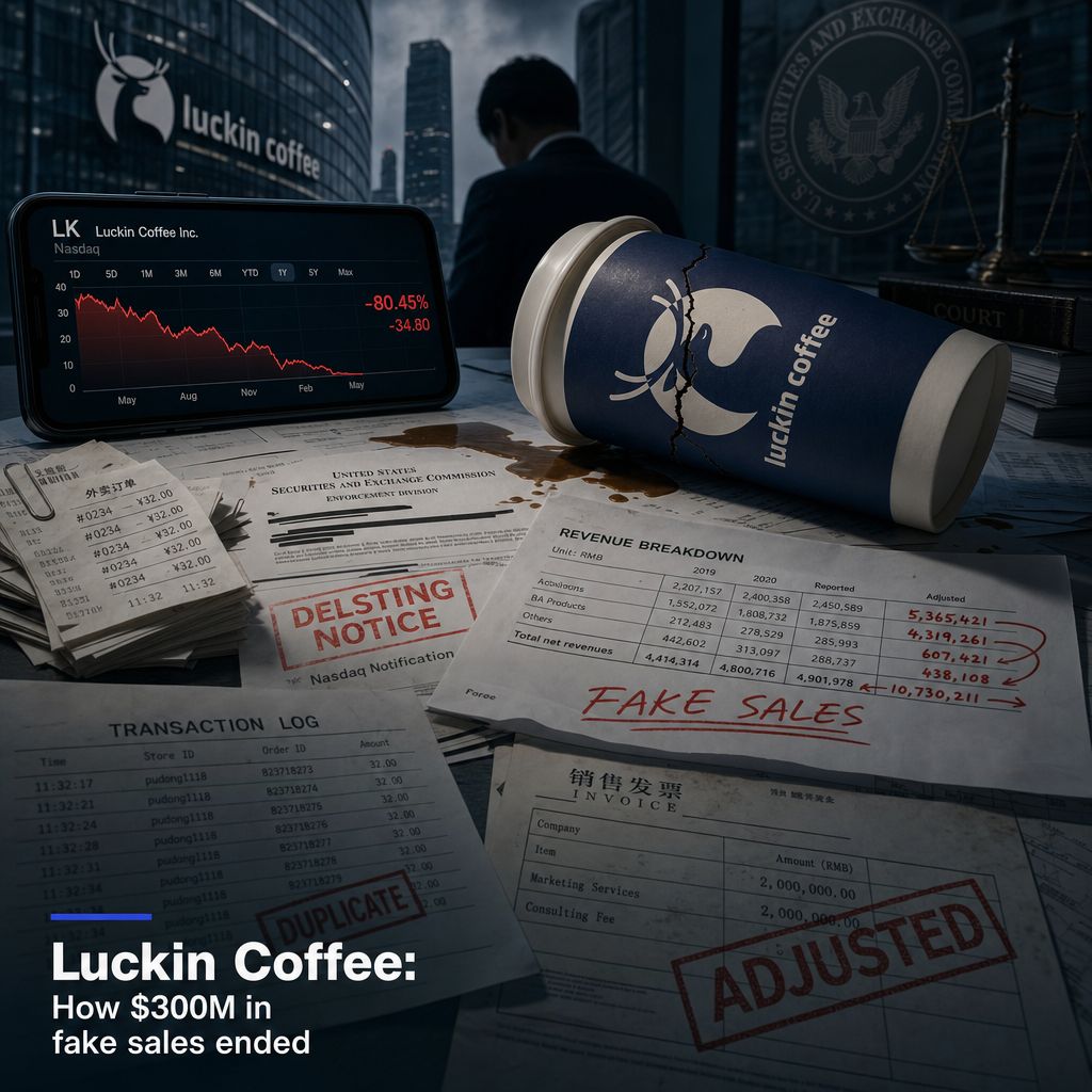 bytecoin23's tweet photo. The ending is the part people forget.

Luckin Coffee looked like one of the fastest-growing consumer companies in China. In less than 2 years, it opened thousands of stores, raised major capital, and listed on Nasdaq in May 2019 at a valuation of roughly $4 billion.

Then in April 2020, the company announced an internal investigation had found fabricated transactions worth about RMB 2.2 billion, roughly $310 million. The growth story investors trusted was not built on normal demand. A meaningful part of it had been manufactured.

What followed was brutal. The stock collapsed by more than 80%, Nasdaq moved to delist the company, and shareholders filed lawsuits while regulators in both the US and China moved in.

In December 2020, Luckin agreed to pay a $180 million penalty to the SEC for misleading investors. Its chairman Charles Zhengyao was pushed out, senior executives were removed, and the company entered provisional liquidation in the Cayman Islands before later restructuring.

The striking part is that the business did not disappear completely. Even after the fraud scandal, Luckin kept operating stores in China, reorganised, and eventually reported a commercial recovery under new management.

That is what makes cases like this so difficult. A company can have a real product, real customers, and still fake crucial numbers when the pressure to sustain hypergrowth gets too high.

Which part shocks you more: how the fraud was done, or how the company survived after it was exposed?

More case breakdowns like this from Luckin Coffee.

#FinancialCrime #FraudCase #LuckinCoffee #CorporateFraud #SEC #Investing #Nasdaq #AccountingFraud