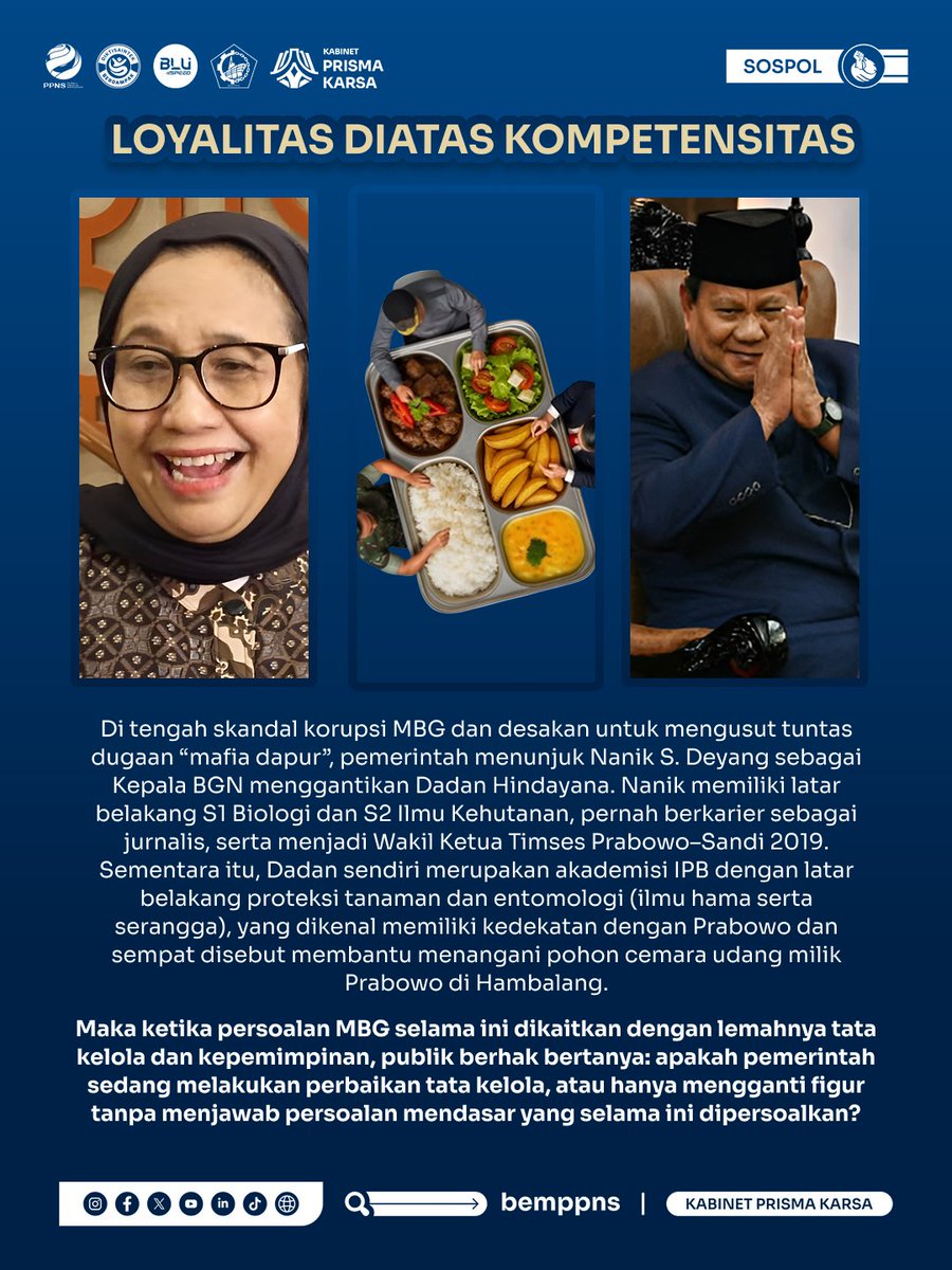 bemppns's tweet photo. Nanik S. Deyang kini memimpin BGN dengan tugas memulihkan kepercayaan publik. Namun, mampukah pergantian kepemimpinan menyelesaikan persoalan yang ada?

#BEMPPNS
#PrismaKarsa
#KementerianSosialPolitik
#SospolpediaPrismaKarsa
#BersuaraUntukPerubahanBergerakUntukPerlawanan https://t.co/1tDCCZZUng