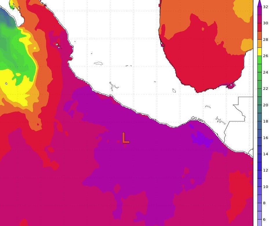 MediaFenomenos's tweet photo. Posible tormenta tropical Boris podría nacer del disturbio 91E en las costas pacifico de México. Fíjense el ambiente de temperatura de superficie del mar en la que se esta moviendo este sistema. Temperatura de mas de 30ºC en esa zona. Eso garantiza mucha energía para el sistema. https://t.co/iWd4wA7utu