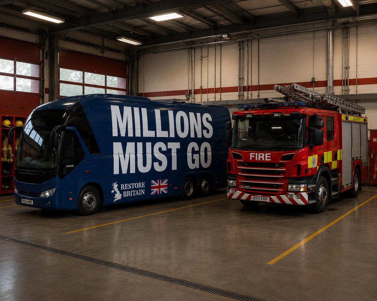 hughmadborough's tweet photo. Today the Restore Britain campaign bus is at a Manchester fire station.

Public servants must be free to hold their own political views and vote as they choose. #RestoreBritain 🇬🇧 https://t.co/qnLnUDx035