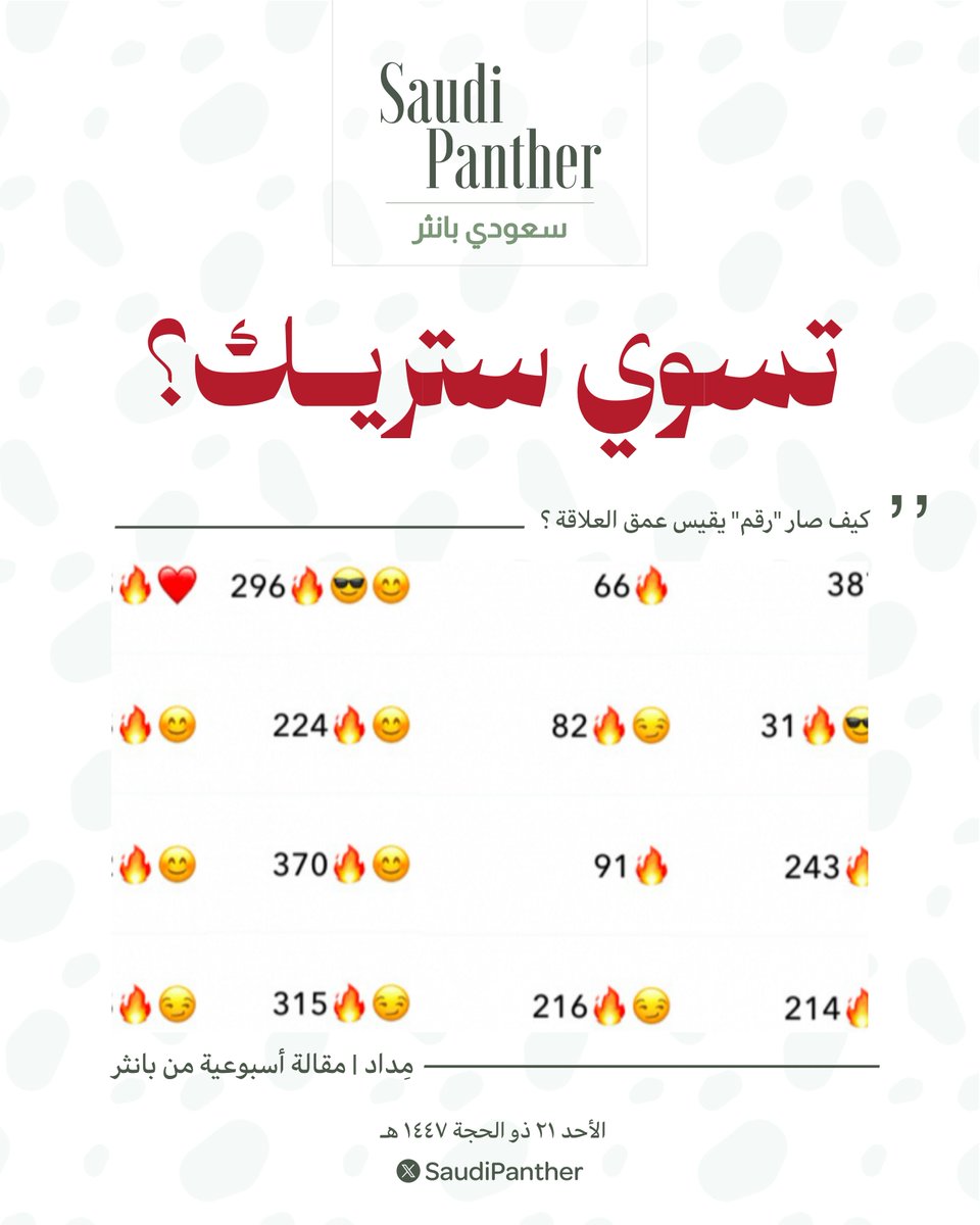 saudipanther's tweet photo. تخيّل أن علاقةً كاملة قد تدخل في أزمة لأن أحد الطرفين لم يرسل صورةً لسقف الغرفة قبل منتصف الليل !

قد يبدو الأمر مبالغة، لكنه واقع يعيشه كثيرون مع “الستريك” في سناب شات؛ ذلك الرقم الصغير الذي نجح في التحول من ميزةٍ ترفيهية بسيطة إلى التزامٍ يومي يراقبه البعض باهتمامٍ يفوق اهتمامهم بالمحادثة نفسها

ومع مرور الوقت، لم يعد انقطاع الستريك مجرد فقدان رقم، بل أصبح سبباً للخلاف والعتب، وأحياناً لإنهاء علاقات وصداقات استمرت لسنوات.

هذه الظاهرة تطرح تساؤلات مهمة: 
كيف أصبح الستريك مهماً إلى درجة أن يحافظ عليه بصورة سوداء بلا قيمة؟ 

وهل يمكن لشاشة سوداء أن تنهي علاقة أو صداقة، أم كانت مجرد كاشف لعلاقات هشة من البداية ؟ 

و على العموم ..
تسوي ستريك ؟

#مداد_من_بانثر