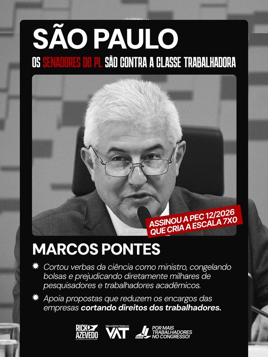 rickazzevedo's tweet photo. PL INIMIGO DO TRABALHADOR!

O senador Marcos Pontes quer acabar com a CLT e deixar o patrão decidir a vida do trabalhador. Vamos permitir? NÃO!

 Ou desistem dessa escala 7x0 e avançam com o fim da 6x1, ou vamos parar esse país! https://t.co/HSKGTsnx1J