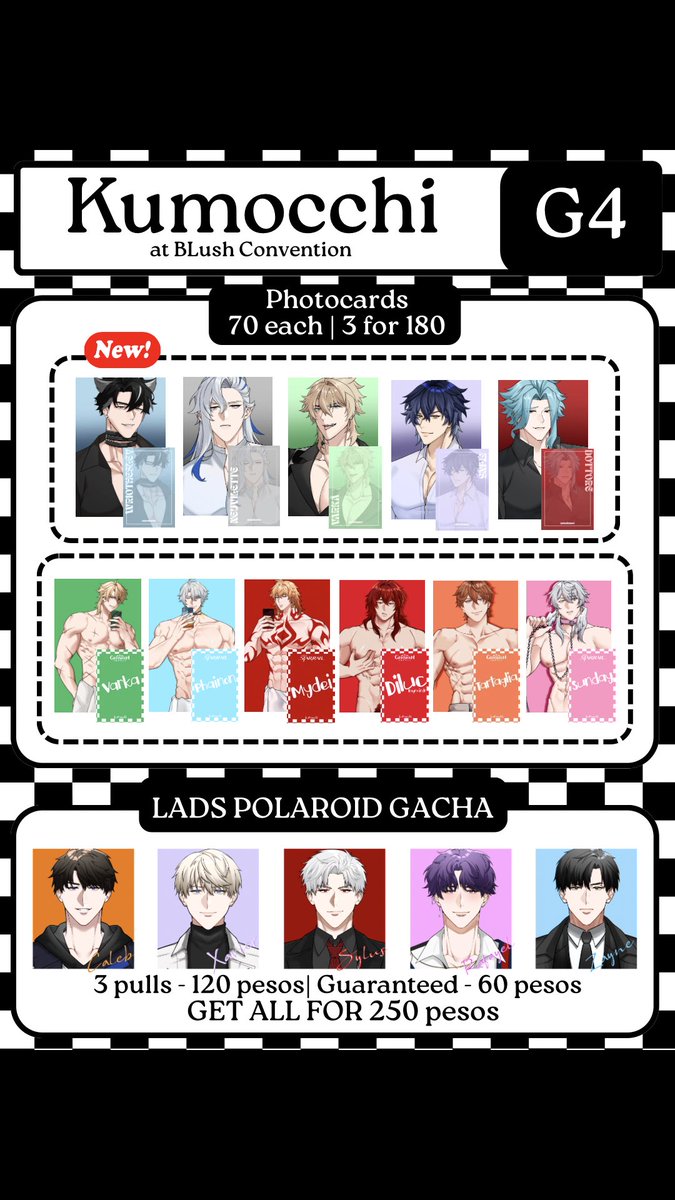 annakumo's tweet photo. 1/2 Catalog for @BlushCon this June 27!

I have new merch for this event 🙂‍↕️

Please visit us at table G4!

See you there

#genshinimpact #loveanddeepspace https://t.co/YOgxTn8AMi