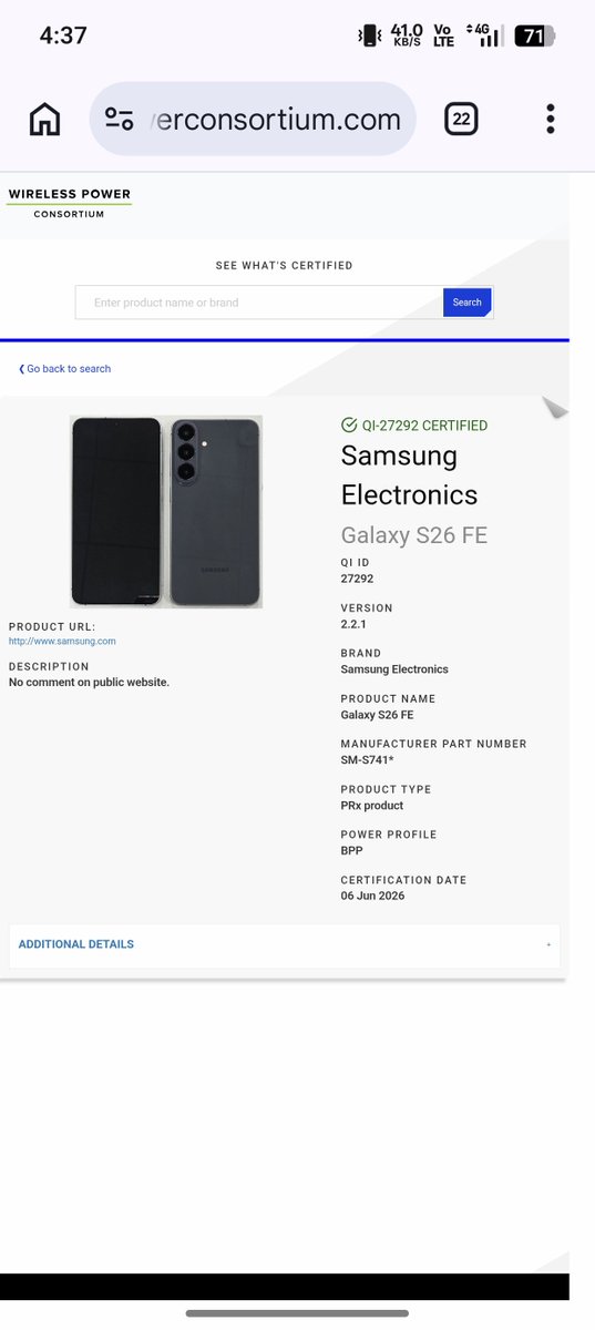yabhishekhd's tweet photo. Samsung Galaxy S26 FE (SM-S741) official first look is out via the Wireless Power Consortium website.

Specifications:
📲 6.7-inch FHD+ AMOLED display, 120Hz refresh rate
⬛ Exynos 2500 SoC (10-cores)
1 Core @ 3.30 GHz
2 Cores @ 2.75 GHz
5 Cores @ 2.36 GHz
2 Cores @ 1.80 GHz
 🎮 Samsung Xclipse 950 GPU
🍭 Android 17
📸 50MP main OIS+ 12MP Ultrawide+ 8MP 3x telephoto rear camera
🤳 12MP front camera
🔋 5,000mAh battery
⚡ 45 watt wired charging
⚡ 15 watt Wireless charging
- USB 3.2 Type-C port
💧 IP68 rating
🔩 Metal frame (antenna lines visible)