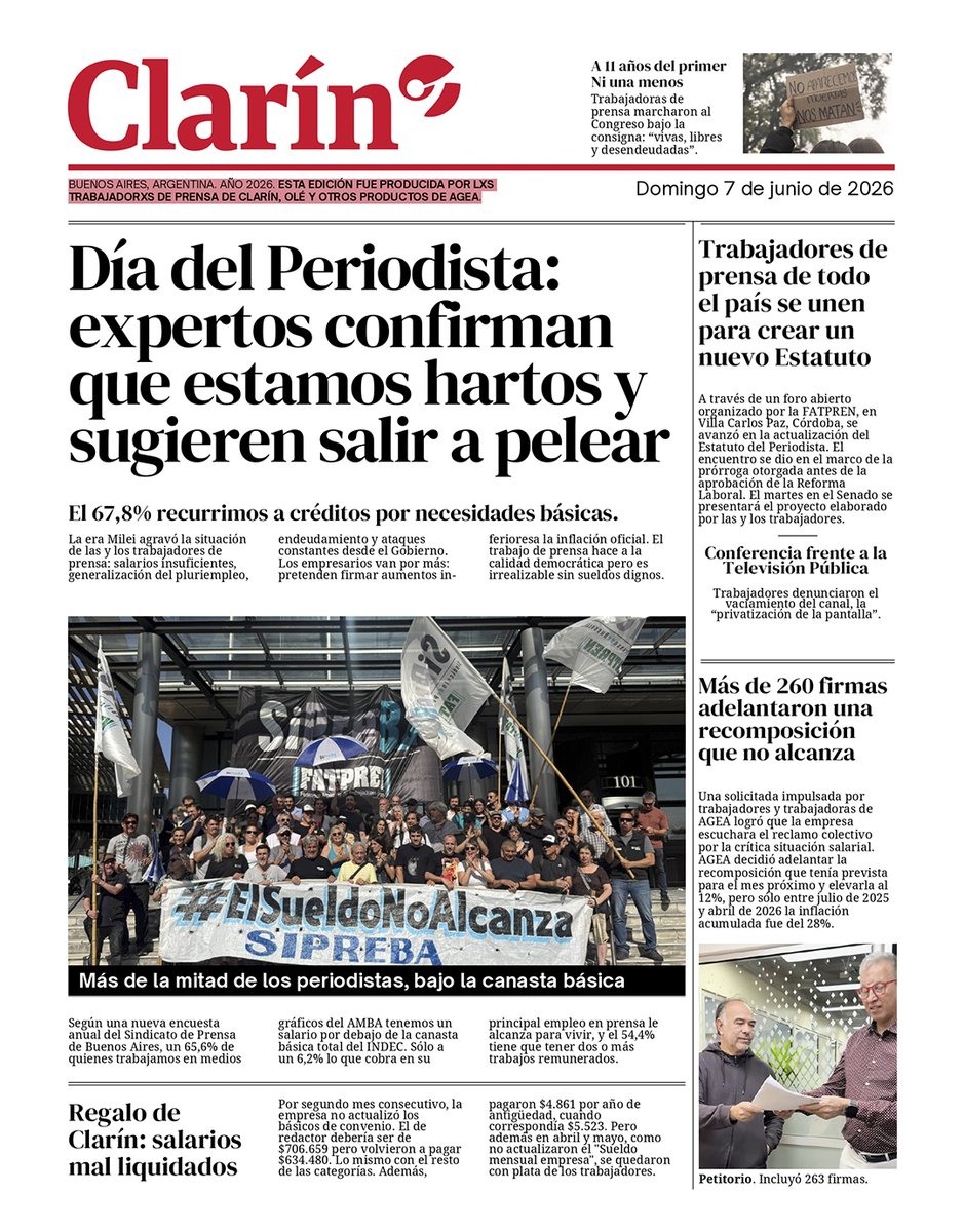 sipreba's tweet photo. 🗞️DÍA DEL PERIODISTA: HOY SOMOS LA NOTICIA DE TAPA

💬Contra el relato oficial, al 95% de quienes estamos en los medios nos cuesta a llegar a fin de mes. Este 7 de junio, ponemos en tapa el reclamo por mejores salarios de las y los trabajadores de prensa de todo el país. https://t.co/pzA5HMGA8F