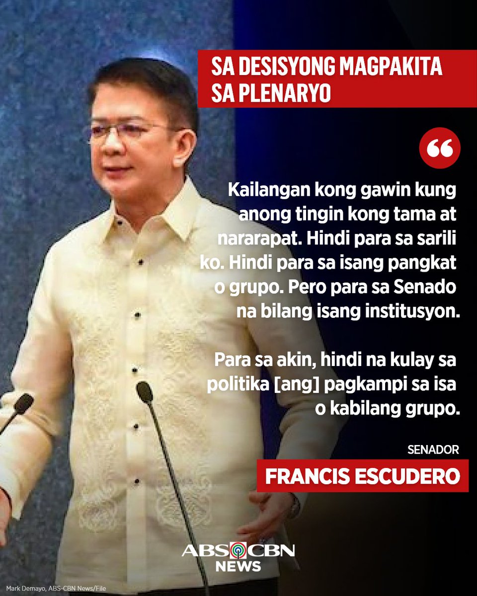 ABSCBNNews's tweet photo. Idiniin ni Sen. Francis Escudero na paggalang sa Senado bilang institusyon ang rason sa likod ng muling pagpapakita niya sa plenaryo nitong Hunyo 3.

Matatandaang ilang beses hindi natuloy ang sesyon sa Mataas na Kapulungan matapos ang hindi pagsipot ng Cayetano bloc.

BASAHIN: https://t.co/pHdAWxK2z7