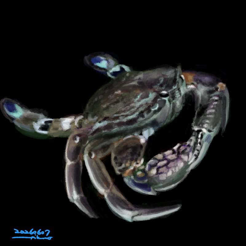 tikuo2007's tweet photo. 『タイワンガザミ』水中の映像を元にしているので、陰影が弱いのでやや消化不良。難しいね。 #早描き #どうぶつ #カニ https://t.co/312xjg8Z14