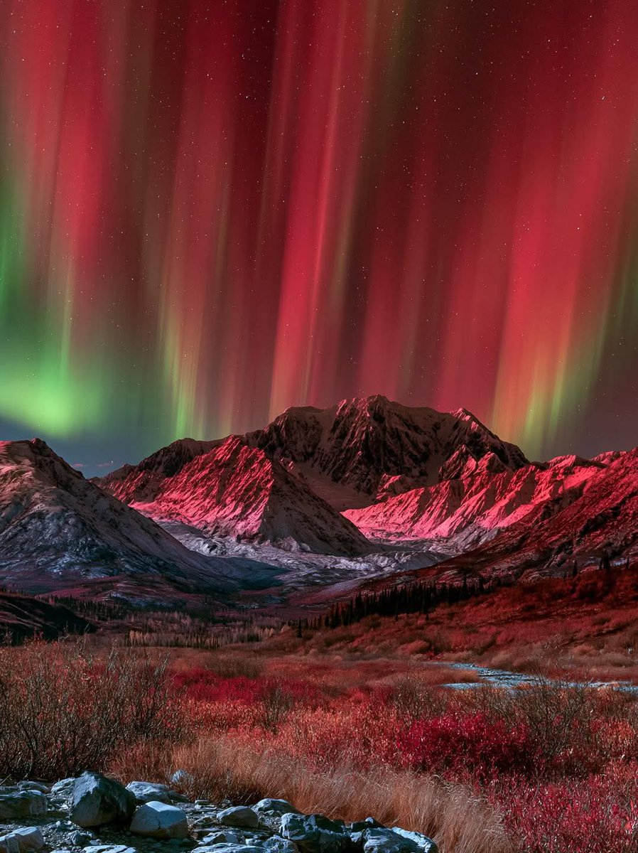 デナリ、マッキンレー山の上空に出た、赤いオーロラのイメージ滅多に見られません、 Mountains under a red aurora 😮😍 📍 Denali National Park, Alaska 🇺🇸