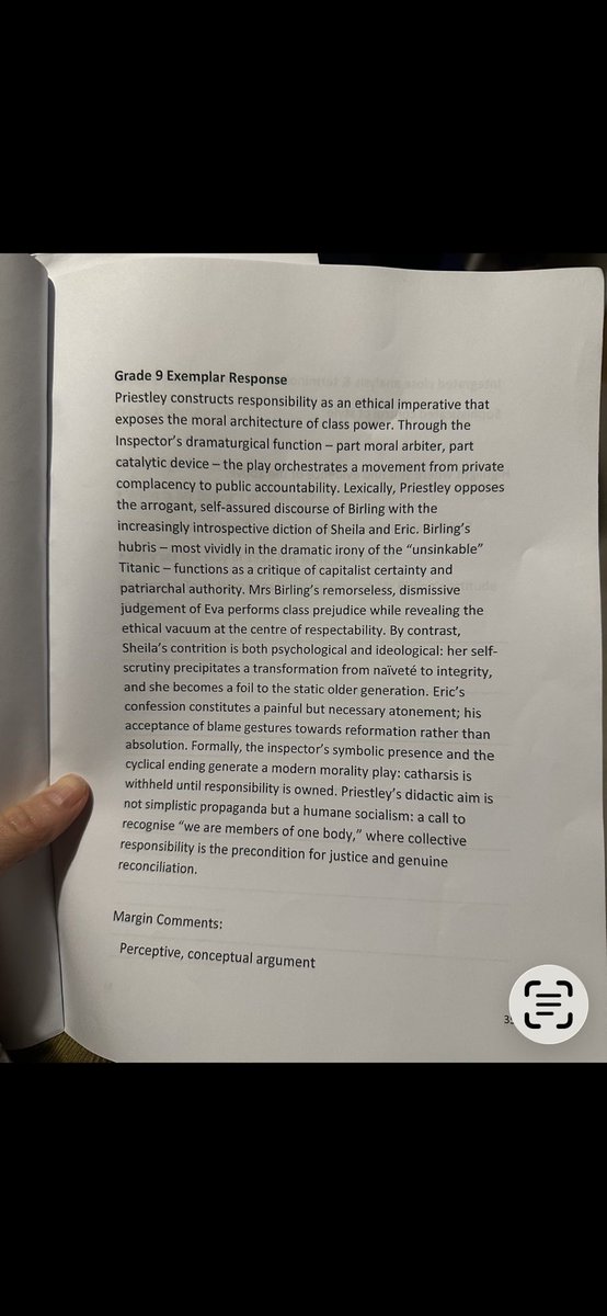 sarahsudea's tweet photo. @BarbaraBleiman This is a useful reminder, thank you. I’m afraid it’s being compounded by the way English is increasingly being taught. Here, for example, is the ‘grade 9 exemplar’ on AIC given to my year 10 daughter by her teacher 😭 https://t.co/lWVR2D8OXz
