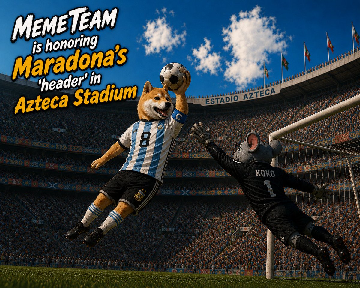 Meme_Team_26's tweet photo. @WorldCup26HQ A stadium with a real WC history. For the young people: this happened during the World Cup final of 1986 in Azteca. Our captain Shiba Inu felt honored to play Maradona. Well, Koko rather didn't play Peter Shilton cause our koala is French, but did anyway. https://t.co/m70WRXCOnV