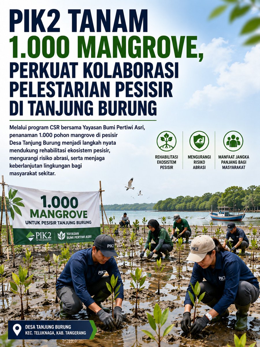 Hadisqye's tweet photo. 1.000 mangrove ditanam. 1 pesisir diselamatkan 🌊🌳

PIK2 x Yayasan Bumi Pertiwi Asri 
Desa Tanjung Burung, Kec. Teluknaga, Kab. Tangerang

Rehabilitasi. Kurangi abrasi. Jaga keberlanjutan.

Pembangunan yang mikir jangka panjang, dimulai dari sini 💙 https://t.co/bThdDRk3ku