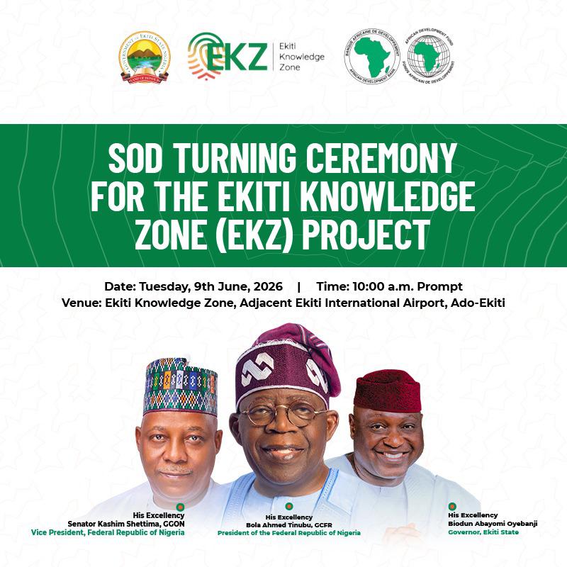 ekititrends's tweet photo. Ekiti Set for Economic Transformation as Vice President Shettima Set to Flag Off Knowledge Zone Project

Ekiti State is set to take a major step towards becoming a leading innovation and technology hub as Vice President of the Federal Republic of Nigeria, H.E. Senator Kashim Shettima, GCON, prepares to perform the groundbreaking ceremony for the Ekiti Knowledge Zone (EKZ).

The ambitious project is expected to unlock new economic opportunities by attracting investments in technology, digital services, business process outsourcing, research, and entrepreneurship. Once operational, the EKZ will serve as a catalyst for innovation-driven growth and position Ekiti as a key player in Nigeria’s emerging knowledge economy.

The Knowledge Zone is projected to generate thousands of direct and indirect jobs, particularly for young people, while creating an enabling environment for startups, technology companies, and investors. It is also expected to boost the state's internally generated revenue and accelerate economic diversification.

Stakeholders have described the project as a strategic investment in the future of Ekiti, with the potential to strengthen the state's standing as a centre of excellence in education, innovation, and human capital development.

The groundbreaking ceremony marks a major milestone in the state's journey towards sustainable economic development and technological advancement.

#EkitiKnowledgeZone #EkitiRising #KnowledgeEconomy #InnovationHub