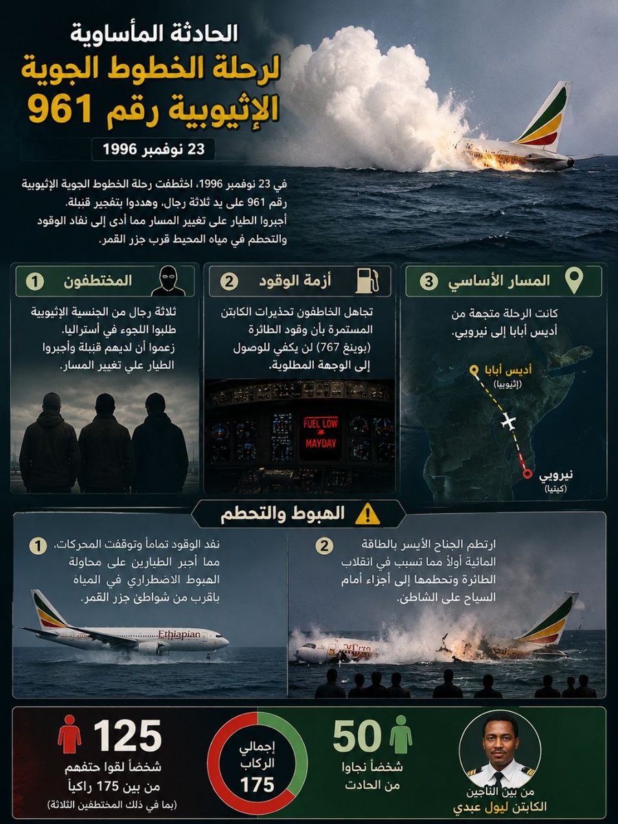 bah7kha7's tweet photo. الحادثة المأساوية لرحلة الخطوط الجوية الإثيوبية رقم 961
في 23 نوفمبر 1996 اختطفت رحلة الخطوط الجوية الإثيوبية على يد ثلاثة رجال وهددوا بتفجير قنبلة.
أجبروا الطيار على تغيير المسار مما أدى إلى نفاد الوقود والتحطم في مياه المحيط قرب جزر القمر. https://t.co/qkL0v8l2uH