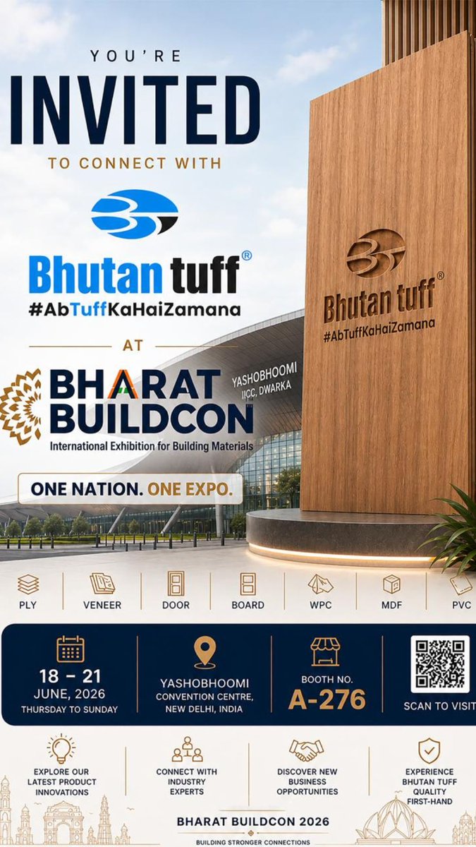 TuffBhutan's tweet photo. You're invited to connect with the future of building materials.

Meet the team behind Bhutan Tuff at Bharat Buildcon 2026 and discover products engineered for performance, durability, and modern design.

📅 18–21 June 2026
📍 Yashobhoomi, New Delhi
🏢 Booth No. A-276 https://t.co/B3qhCbZ99b