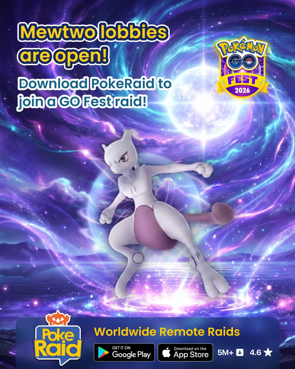 PokeRaidApp's tweet photo. 🚨 The last day of GO Fest 2026: Chicago has started! 🚨 Jump into PokeRaid now to join a Mewtwo raid!
#PokemonGO #Mewtwo #ShinyMewtwo #PokemonGOFest2026 #GOFest2026 #PokeRaid #RemoteRaids #PokemonGORaids https://t.co/OXO3MGqhqc