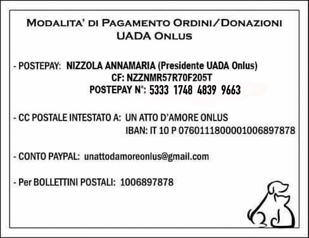 unonlus's tweet photo. Da Cepagatti (Pe) scrive Pia la Torre: "Pappa arrivata!!! π
Io, i cani e i mici siamo super super felici per tutte queste pappe buone, snack e integratori πΆβ€οΈπ±
Grazie Anna e Pasquale ππ»ββοΈππΎ"
Per #DIFFONDERE ed #AIUTARCI, clicca su questo link: https://t.co/CrpgShBBkL https://t.co/RZCfdN8Ow2