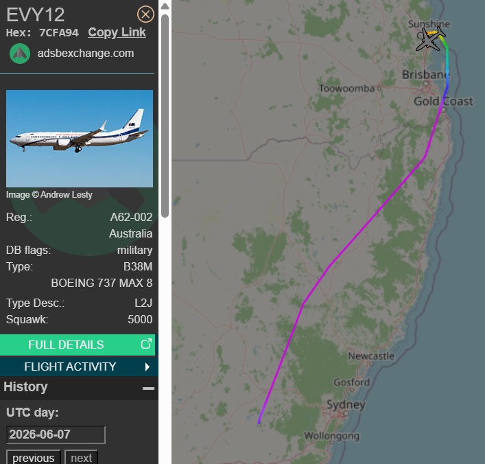 raaf_vip's tweet photo. Off to pick up PM Anthony Albanese.
Boeing 737 MAX 8 BBJ // A62-002 // Envoy 12
Route: Canberra (CBR) - Sunshine Coast (MCY)
π«: 23:46 UTC on 06/06/2026 (07/06/2026 AEST)
π¬: 01:17 UTC on 07/06/2026
#RAAF #AusAirForce #A62002 #QLD #SunshineCoast https://t.co/sDw9cIMZcI