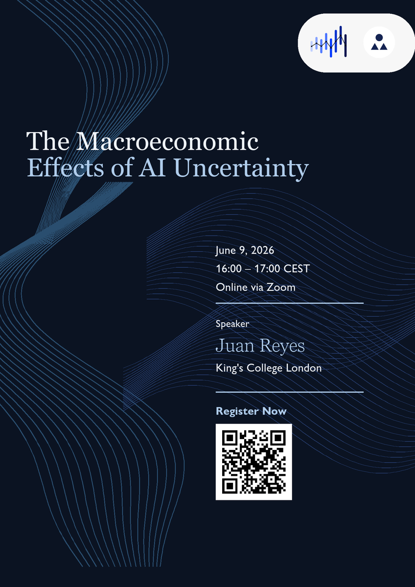 int_mon_econ's tweet photo. Super interesting!

💻 Webinar: The Macroeconomic Effects of AI Uncertainty (Juan Reyes, King's College London and Economic Statistics Centre of Excellence)

⏲️ June 9, 16:00 – 17:00 Central European Summer Time

REGISTRATION HERE: https://t.co/XuljkYefA6

Juan Reyes (King's College London, Economic Statistics Centre of Excellence) examines the macroeconomic implications of uncertainty shocks related to artificial intelligence (AI) through a novel text-based AI Uncertainty (AIU) Index.

Link to paper: https://t.co/d52RXnTJ5e