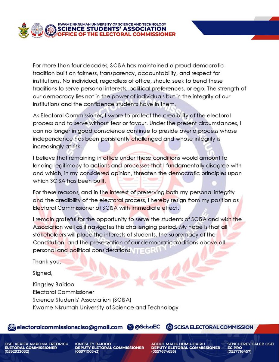 CampusHypeCrew's tweet photo. Breaking: SCISA Electoral Commissioner Resigns, Cites Interference in Electoral Process.

#KNUST #CampusHypeCrew🇬🇭 #CHCElectionRadar https://t.co/oBfmeBGWxs