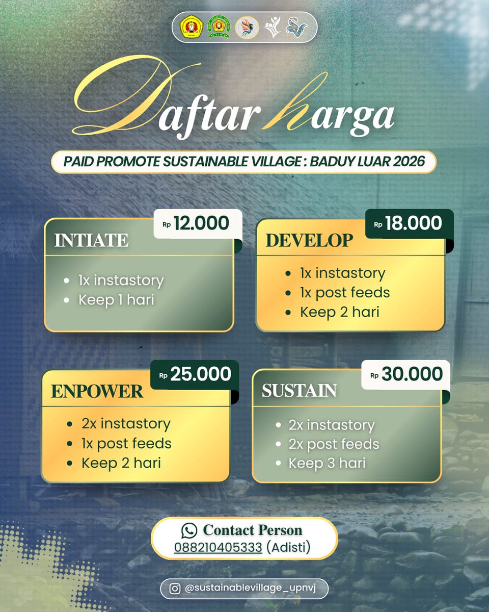 firewle's tweet photo. 🚀OPEN PAID PROMOTE  Sustainable Village: Baduy Luar 2026🚀

Punya usaha, brand, atau event? Yuk promosiin di sini 📈

Target audiens sesuai + harga ramah 💸
⚠️ Slot terbatas jangan sampai kehabisan! 

📲 088210405333
#PaidPromote #PromosiUMKM #OpenPaidPromote #zonauang https://t.co/d41G2Ihafv