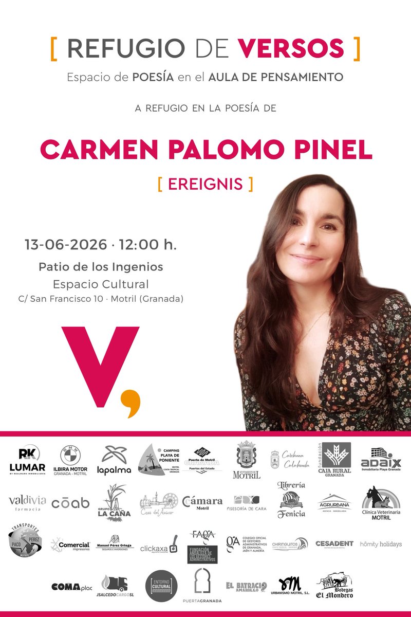 refugiodversos's tweet photo. El próximo sábado día 13 la gran poeta Carmen Palomo Pinel nos visita con sus últimos poemarios «Ereignis» y «Monstruos y prodigios».
Una cita muy especial que no hay que perderse.
¡Os esperamos!

🗓️ Sábado 13 de junio
🕛 12:00 h.
🏛️ Patio de los Ingenios. #Motril (#Granada) https://t.co/6uM4YeNjNi