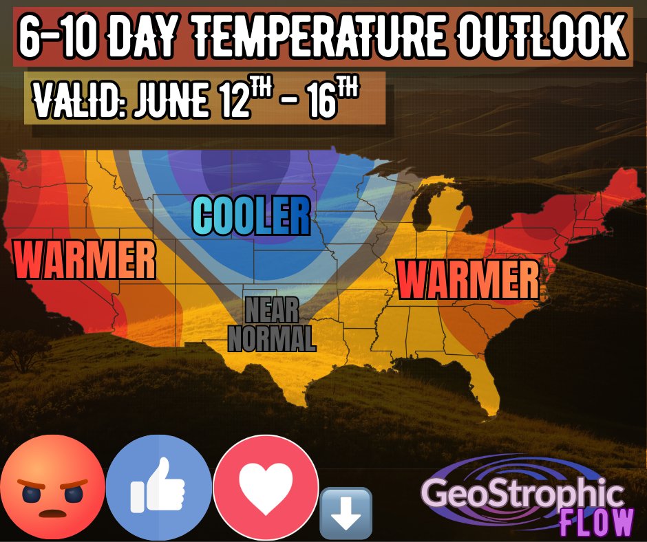 GeoStrophic_Flo's tweet photo. ☀️⛱️Here is the 6-10 day temperature outlook valid from June 12th - 16th. Let me know HOW YOU FEEL about this extended outlook!? #wxtwitter #summer https://t.co/JLBggwuvhn