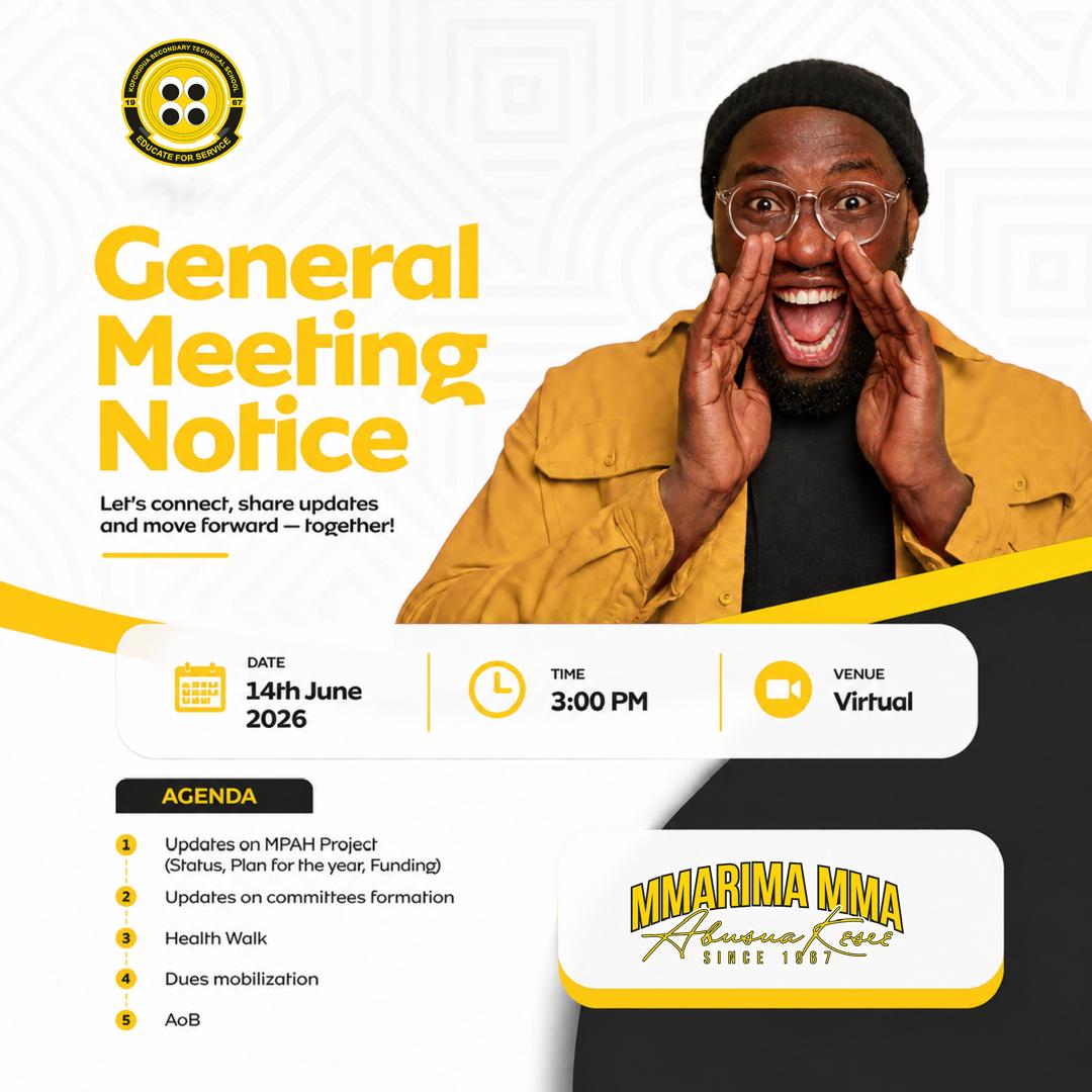 mmarima_mma's tweet photo. Once a Sectecan, always a Sectecan💛🖤
General Meeting loading  
14th June 2026 | ⏰ 3:00 PM | 📍 Virtual
We’re talking MPAH Project, Health Walk, dues &amp; more!
Tag your year group. Pull up online. Let’s move forward together!
#KSTS 
#MMARIMAMMA 
#AbusuaKesie 
#OldStudents https://t.co/vpj4ChruUm