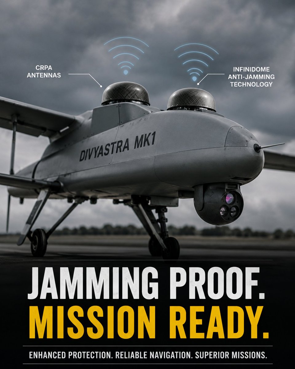 IndianDefenceT's tweet photo. HoverIT integrates CRPA antennas and infiniDome anti-jamming technology into Divyastra MK1, enhancing protection against GPS jamming threats and improving navigation reliability and mission effectiveness in contested operational environments.

#HoverIT #DivyastraMK1 #CRPA #infiniDome #GPSJamming #AntiJamming #ElectronicWarfare #DefenseTechnology #MilitaryInnovation #DroneTechnology #IndianDefense #DefenceNews #EWarfare #AatmanirbharBharat