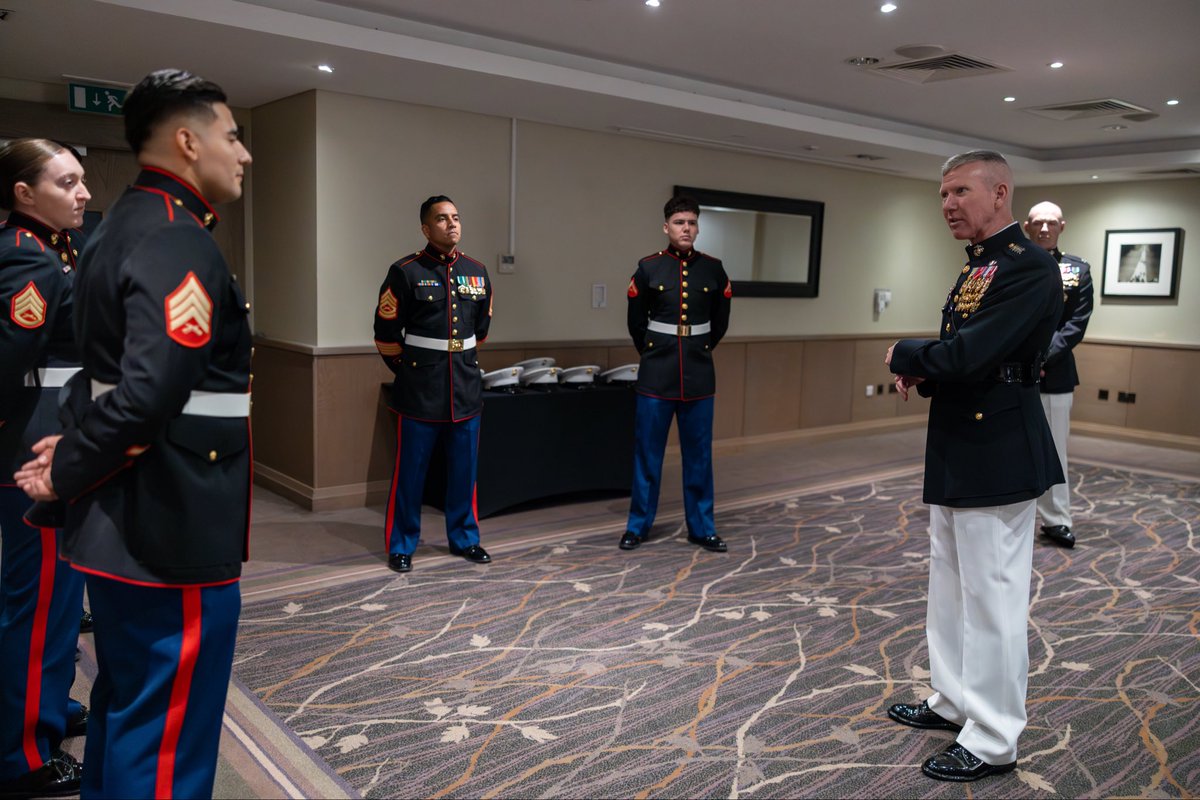 CMC_MarineCorps's tweet photo. On Friday, I met with our @MSG_Duty Marines in England &amp; thanked them for the professionalism &amp; discipline they display every day. Around the world, MSG Marines stand the watch in support of @StateDept, protecting our embassies &amp; consulates while representing our Corps abroad. https://t.co/UNV5o8w8m8
