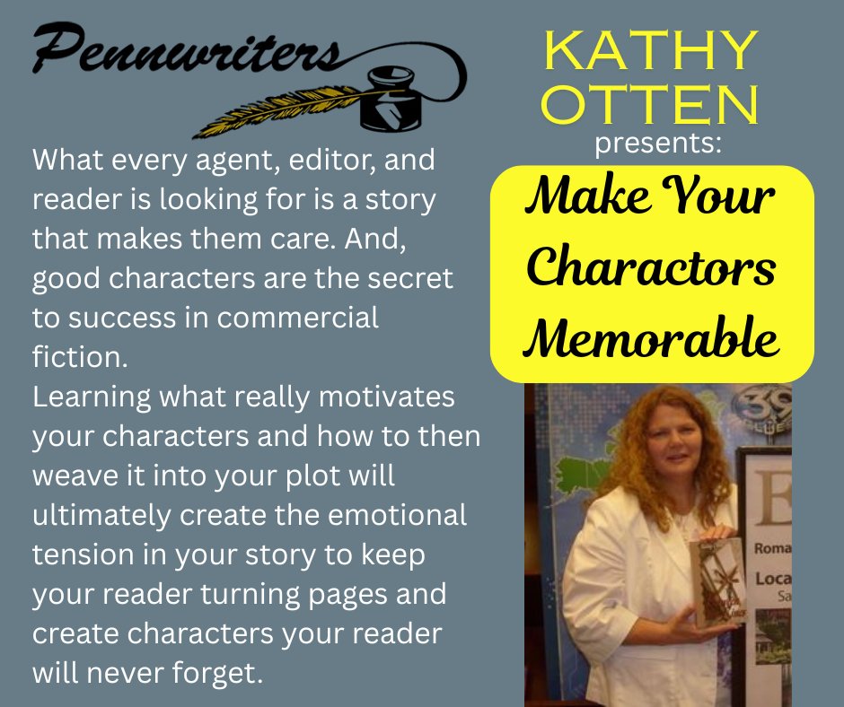 Pennwriters's tweet photo. Kathy Otten presents our July Zoom course: Make Your Characters Memorable. For the details and to register, go to: https://t.co/lDxjWjMvIa
#writingcommunity #writingclass #writingseminar https://t.co/7b36amVcFF