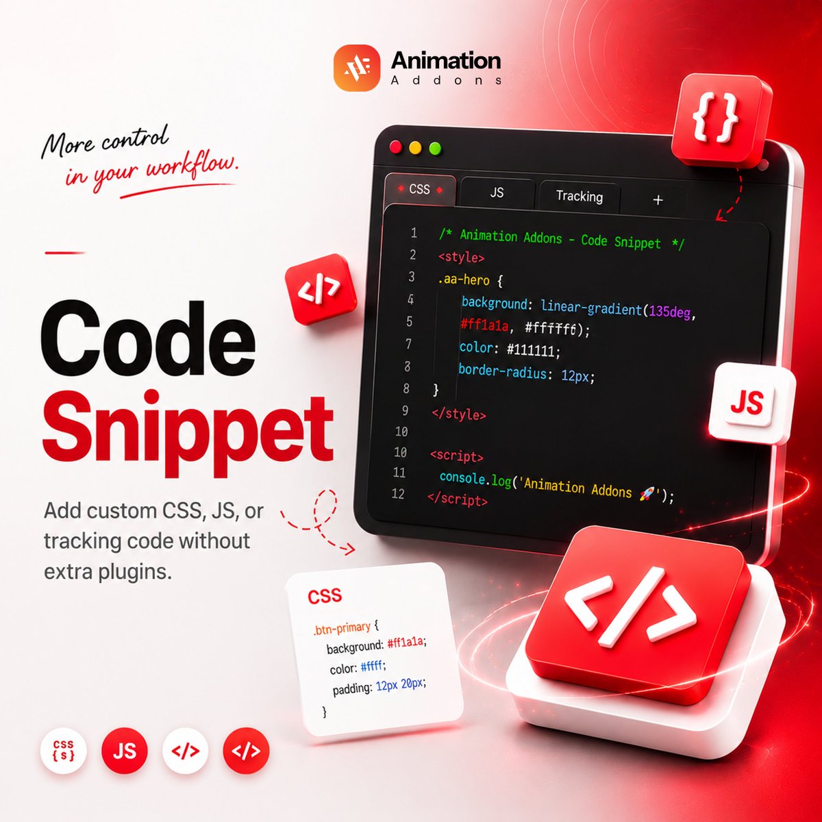 animationaddons's tweet photo. A good Code Snippet can replace an entire plugin.
Add functionality, automate tasks, and customize WordPress with just a few lines of code without editing theme files or installing extra plugins.
Built-in Code Snippets in Animation Addons make management simple.
#CodeSnippet https://t.co/3ZJB3bMUPt