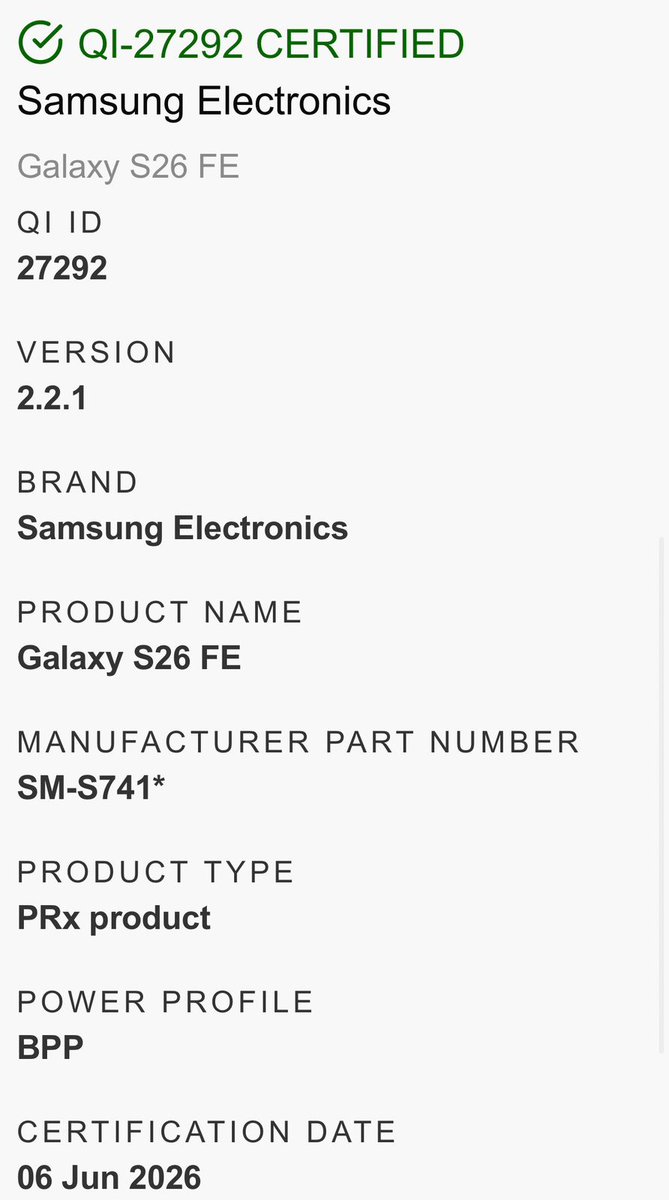 gadgetlistings's tweet photo. Samsung Galaxy S26 FE Listed On WPC

- New Camera Bump
- Triple Camera Setup
- Flat AMOLED Display 
- Metal Frame 
- Listed Model Number Is SM-S741 https://t.co/coItnMSjr4