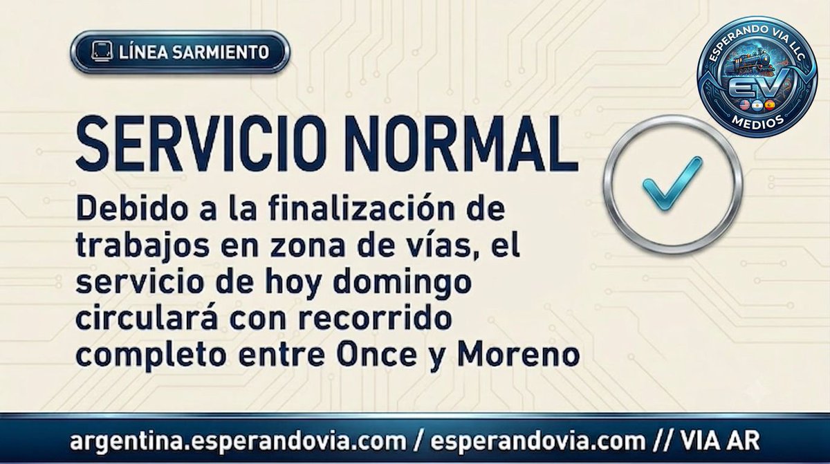EsperandoVia's tweet photo. 🟢 Línea Sarmiento: Obras finalizadas. El servicio circula con recorrido completo (Once-Moreno) este domingo. 🚆

ℹ️ https://t.co/bBGn33wTEL // https://t.co/563a4zBmZI https://t.co/FDvvpSKm5N