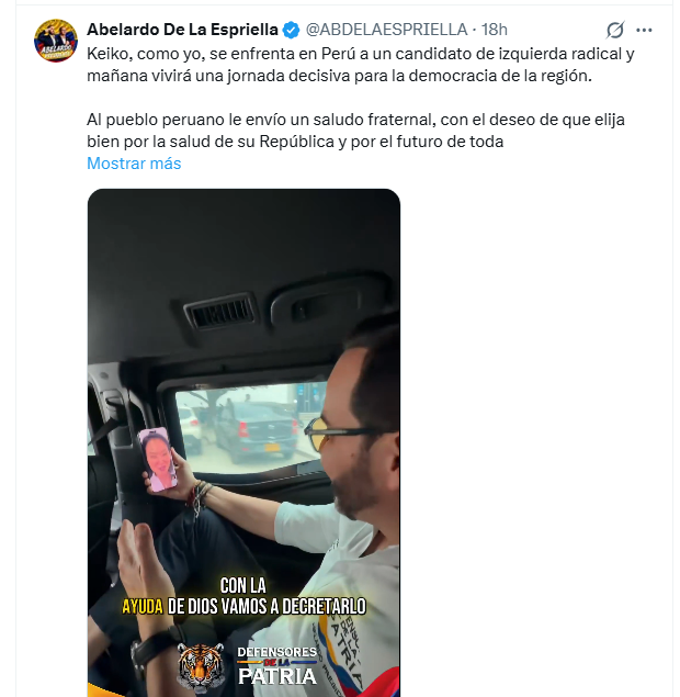 JulianMaciasT's tweet photo. Abelardo de la Espriella y María Fernanda Cabal, ambos relacionados con narcos y paramilitares apoyan la candidatura de Keiko Fujimori y el legado de su padre, autor de crímenes de lesa humanidad y narcotráfico, financiado por Pablo Escobar.
https://t.co/bAidY90iSH https://t.co/PHUB9caPdP