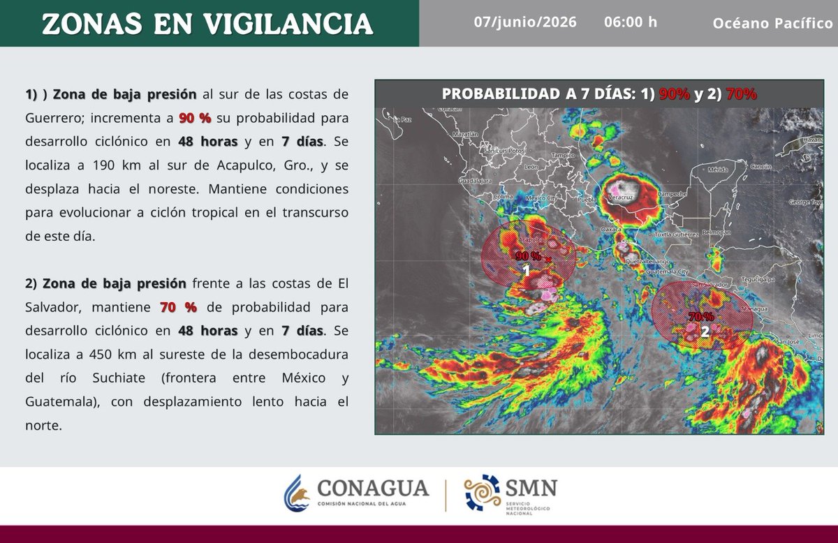 conagua_clima's tweet photo. Esta mañana, la zona de #BajaPresión en el océano #Pacífico, al sur de #Guerrero, aumentó a 90 % su probabilidad en 48 h para formar un #CiclónTropical. La que se ubica al sureste del río Suchiate mantiene 70 % de probabilidad ciclónica en 48 h. Detalles, en la imagen https://t.co/dEMoCZ13Em