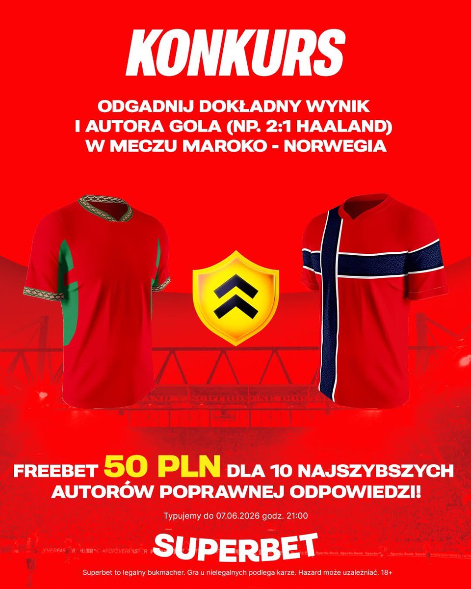 SuperbetPL's tweet photo. #KONKURS! Wytypuj w odpowiedziach dokładny wynik oraz autora gola ⚽️ w meczu Maroko - Norwegia i zgarnij freebet!

-- 
✅ Zaobserwuj @SuperbetPL
❤️ Polub wpis i 🔄 podaj go dalej 
👤 Dodaj nick z Superbet 
🎁 Nagroda = FREEBET 50 PLN
Regulamin: https://t.co/quNbhzbxNj https://t.co/lay8mglJfj