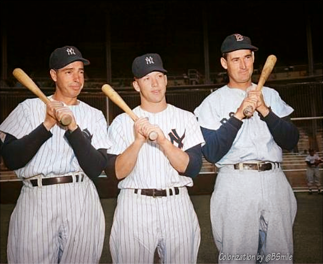 BSmile's tweet photo. Joe DiMaggio, Mickey Mantle and Ted Williams pose together before a Boston #RedSox vs. New York #Yankees game at Yankee Stadium! (1951) #Legends #MLB #Baseball #History https://t.co/YzRZ4IA5sw