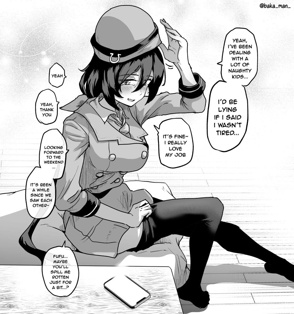 "Even Tazuna gets worn out sometimes... Maybe?"
By baka_man_
TL & TS by me
#Umamusume
#UmaTranslations
